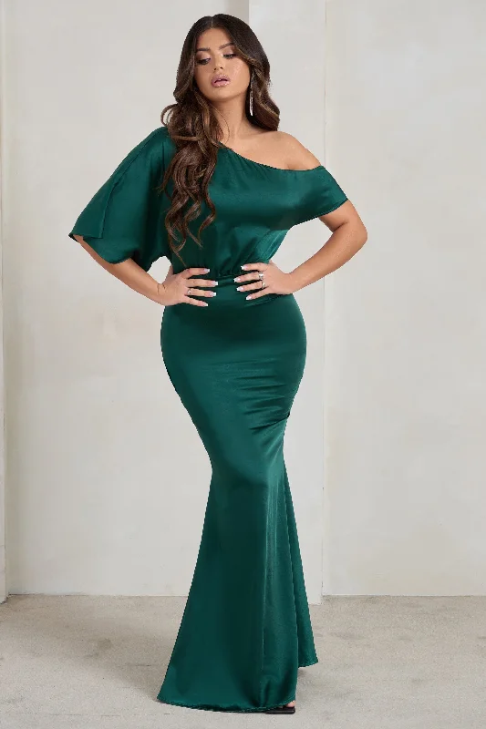 Backless Women Dress for a Sexy and Alluring Look at Evening EventsSabrina | Bottle Green Asymmetric Off The Shoulder Satin Maxi Dress Backless Women Dress for a Sexy and Alluring Look at Evening EventsSabrina | Bottle Green Asymmetric Off The Shoulder Satin Maxi Dress