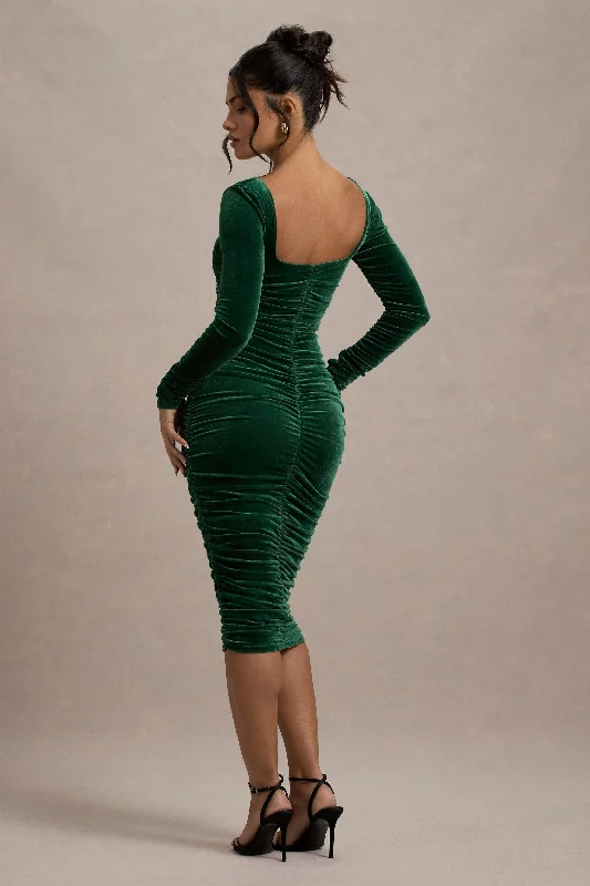 Maxi Women Dress with Floral Print for a Bohemian VibeSeductress | Bottle Green Velvet Square Neck Bodycon Midi Dress With Long Sleeves Maxi Women Dress with Floral Print for a Bohemian VibeSeductress | Bottle Green Velvet Square Neck Bodycon Midi Dress With Long Sleeves
