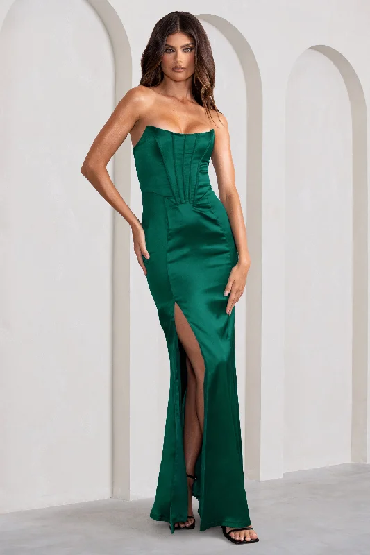 Pleated Women Dress with a Timeless and Elegant TextureSensual Notes | Bottle Green Satin Strapless Corset Thigh Split Fishtail Maxi Dress