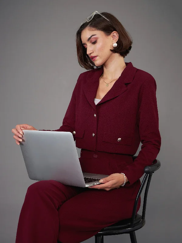Plus Size Women's Double - Breasted Wool Blazers for Winter Office WearWomen Burgundy Notch Collar Crop Blazer Plus Size Women's Double - Breasted Wool Blazers for Winter Office WearWomen Burgundy Notch Collar Crop Blazer