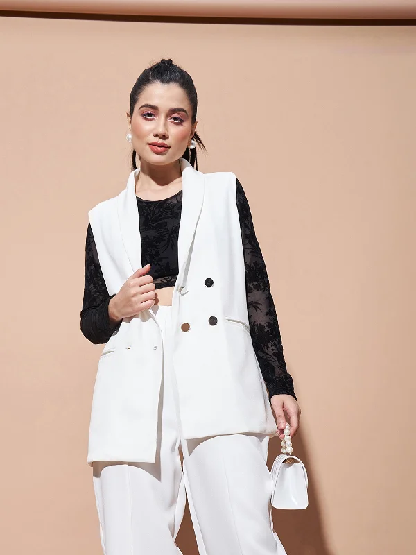 Women's Notched Lapel Blazers in Beige for a Timeless OutfitWomen White Show Pocket Sleeveless Longline Blazer Women's Notched Lapel Blazers in Beige for a Timeless OutfitWomen White Show Pocket Sleeveless Longline Blazer