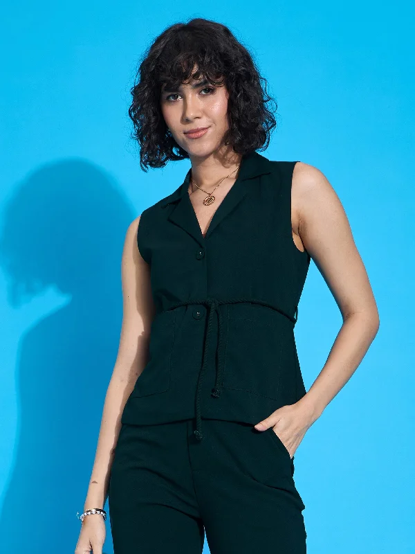 Women's Tailored Stretch Blazers in Navy Blue for Business MeetingsWomen Emerald Sleeveless Front Tie-Up Blazer Women's Tailored Stretch Blazers in Navy Blue for Business MeetingsWomen Emerald Sleeveless Front Tie-Up Blazer