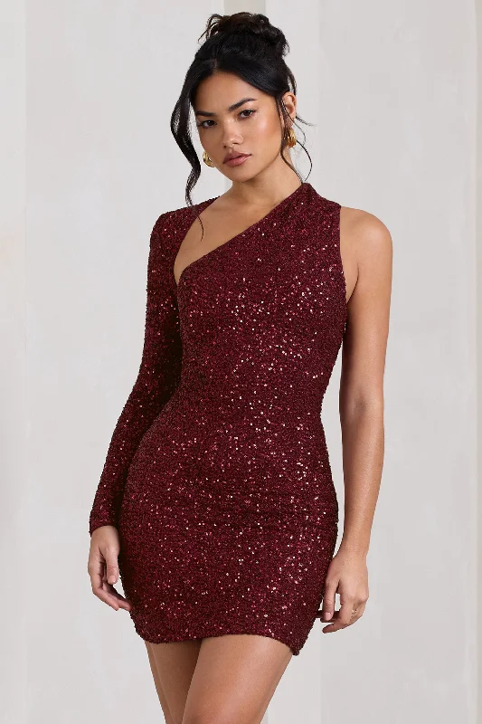 Sleeveless Women Dress in Bright Colors for Summer PartiesSiren | Burgundy Sequin One Shoulder Bodycon Mini Dress