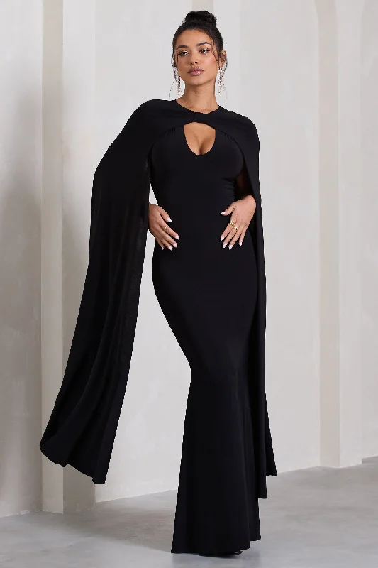 Little Black Women Dress with Sequins for a Glamorous Night OutStanding Ovation | Black Plunge-Neck Cape Maxi Dress Little Black Women Dress with Sequins for a Glamorous Night OutStanding Ovation | Black Plunge-Neck Cape Maxi Dress