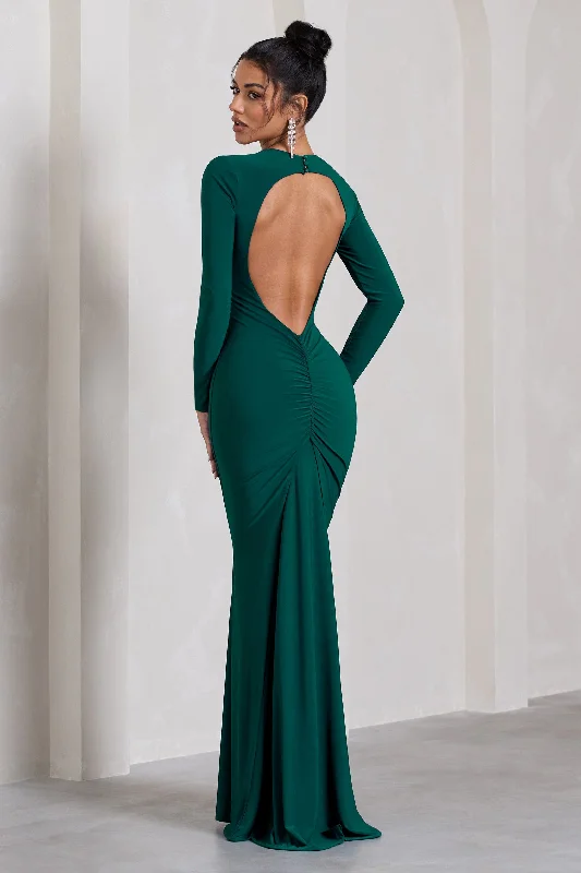 Halter Neck Women Dress to Show Off the Shoulders and NecklineStarring | Bottle Green Long-Sleeve Backless Fishtail Maxi Dress Halter Neck Women Dress to Show Off the Shoulders and NecklineStarring | Bottle Green Long-Sleeve Backless Fishtail Maxi Dress