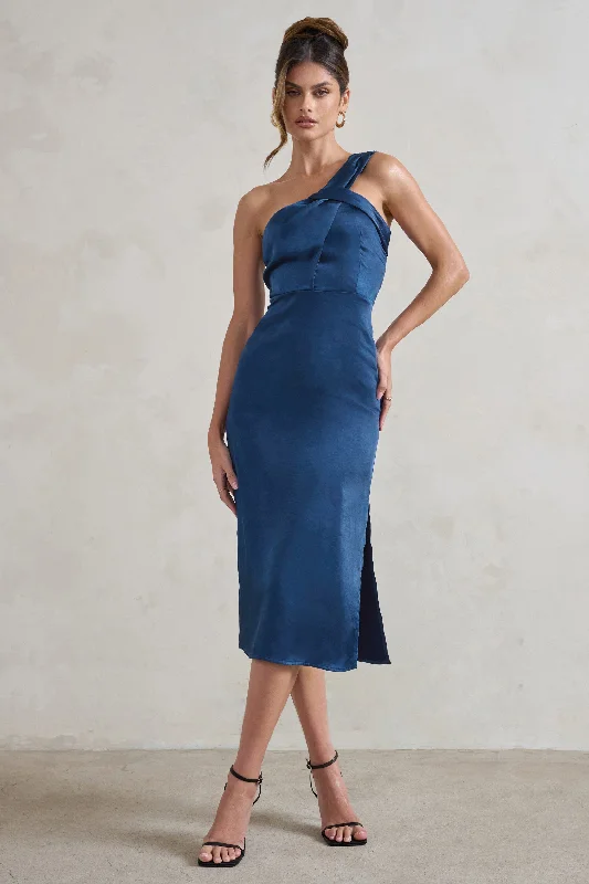 Off - the - Shoulder Women Dress for a Romantic and Feminine LookSteffie | Navy Asymmetric Satin Midi Dress Off - the - Shoulder Women Dress for a Romantic and Feminine LookSteffie | Navy Asymmetric Satin Midi Dress