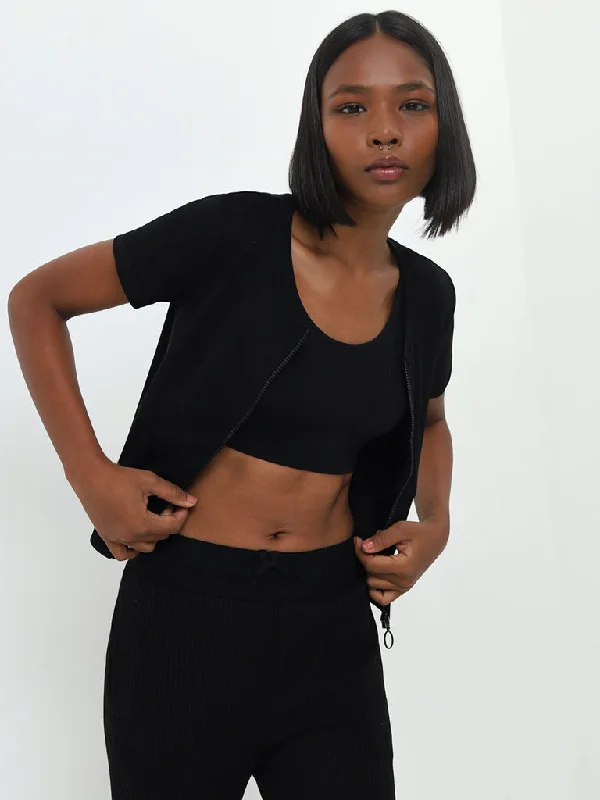 Plus Size Women's Military - Inspired Blazers with Gold Accents for a Bold LookStudiofit Black Ribbed Textured Cotton Blend Jacket Plus Size Women's Military - Inspired Blazers with Gold Accents for a Bold LookStudiofit Black Ribbed Textured Cotton Blend Jacket