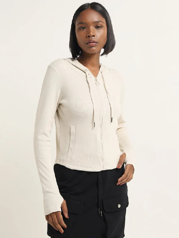 Single - Breasted Women's Tweed Blazers with Gold Buttons for a Classic LookStudiofit Off-White Ribbed Cotton Blend Hooded Jacket Single - Breasted Women's Tweed Blazers with Gold Buttons for a Classic LookStudiofit Off-White Ribbed Cotton Blend Hooded Jacket