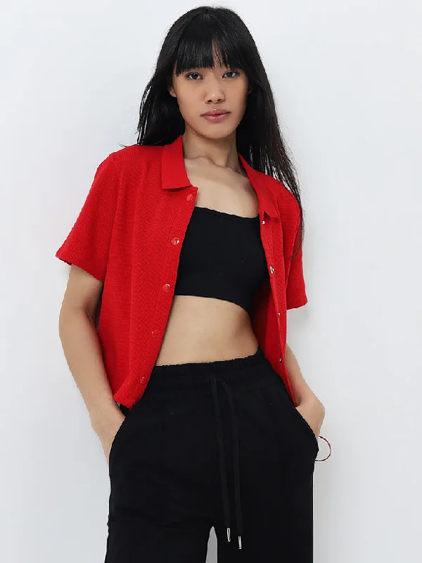 Women's Tailored Stretch Blazers in Navy Blue for Business MeetingsStudiofit Red Waffle Textured Cotton Jacket