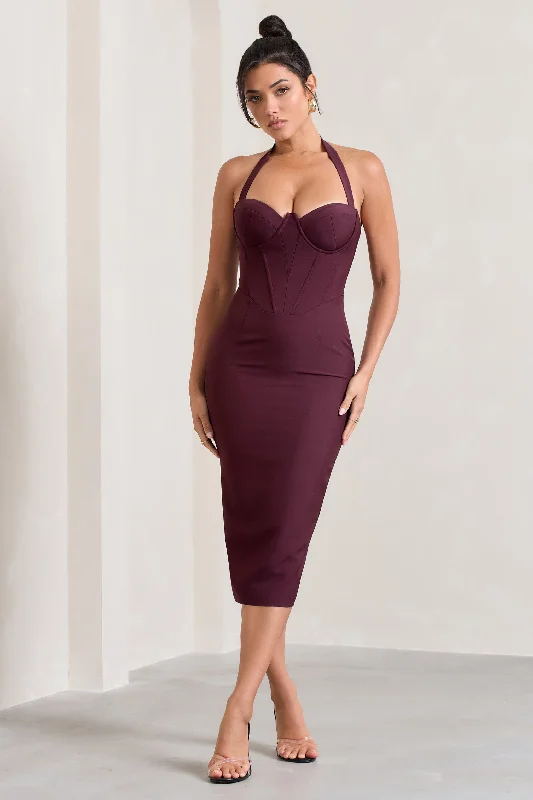 Printed Abstract Women Dress for a Modern and Artistic AppealSupermodel | Burgundy Halter-Neck Corset Midi Dress