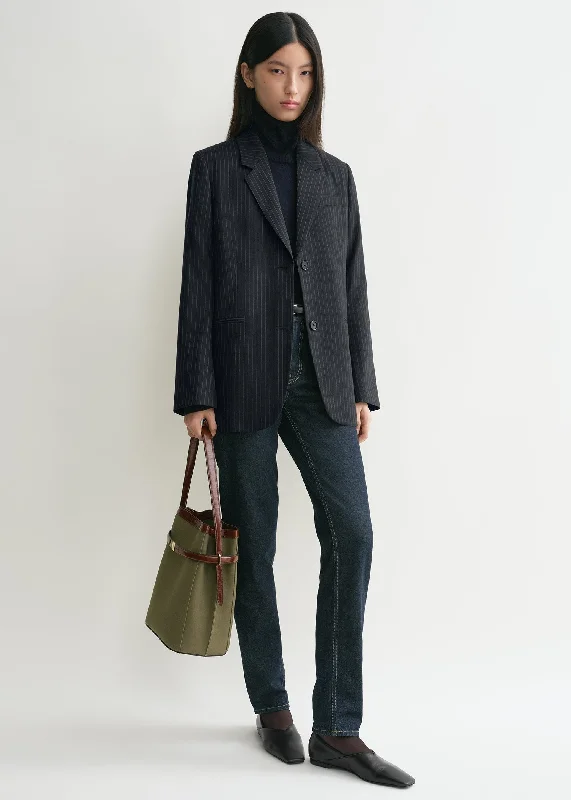 Double - Breasted Women's Leather Blazers in Taupe for an Edgy LookTailored pinstriped suit jacket navy Double - Breasted Women's Leather Blazers in Taupe for an Edgy LookTailored pinstriped suit jacket navy