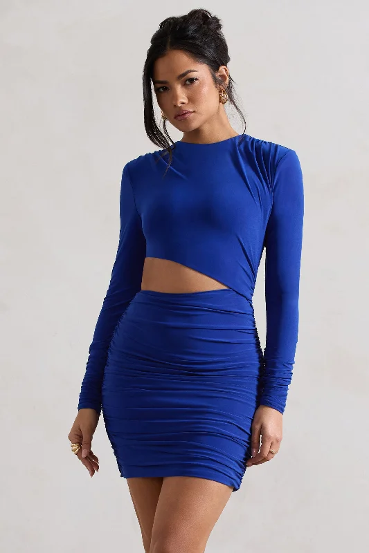 Wrap - Style Women Dress with Adjustable Fit for All Body TypesTana | Royal Blue Ruched Bodycon Long Sleeve Cut-Out Mini Dress Wrap - Style Women Dress with Adjustable Fit for All Body TypesTana | Royal Blue Ruched Bodycon Long Sleeve Cut-Out Mini Dress