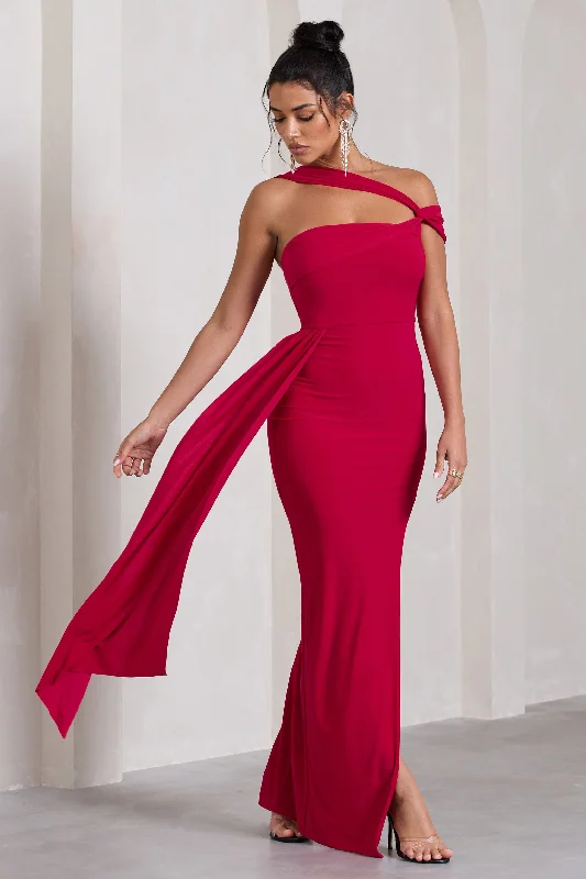 Wrap - Style Women Dress with Adjustable Fit for All Body TypesTo The Max | Red Strappy Asymmetric Split Maxi Dress With Drape Wrap - Style Women Dress with Adjustable Fit for All Body TypesTo The Max | Red Strappy Asymmetric Split Maxi Dress With Drape