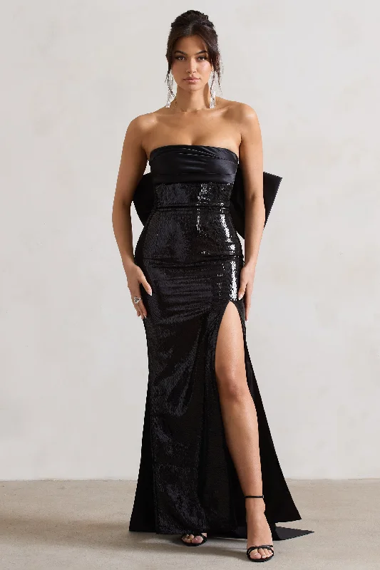 Ruffled Women Dress with Multiple Layers for a Playful and Girly StyleTo You | Black Sequin Bandeau Split Maxi Dress With Oversized Bow Ruffled Women Dress with Multiple Layers for a Playful and Girly StyleTo You | Black Sequin Bandeau Split Maxi Dress With Oversized Bow