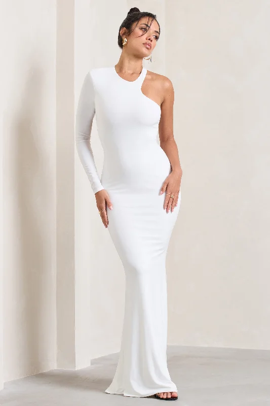 Long - Sleeve Women Dress in Velvet for a Luxurious Winter LookTyra | White Asymmetric Neck Cut Out Maxi Dress With Open Back Detail Long - Sleeve Women Dress in Velvet for a Luxurious Winter LookTyra | White Asymmetric Neck Cut Out Maxi Dress With Open Back Detail