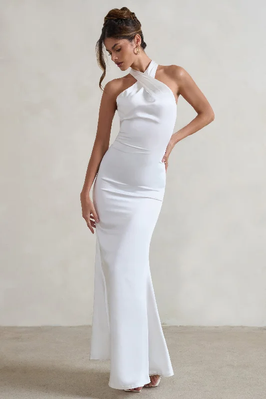 Mermaid - Style Women Dress with a Fitted Silhouette for Special OccasionsUnbeatable | White Satin Cross Over Halter-Neck Maxi Dress Mermaid - Style Women Dress with a Fitted Silhouette for Special OccasionsUnbeatable | White Satin Cross Over Halter-Neck Maxi Dress