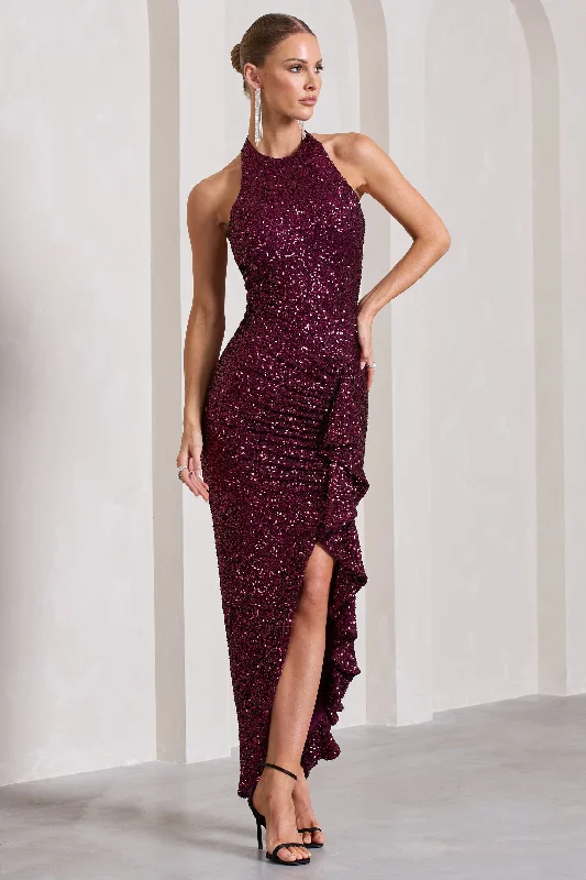 Lace - Embellished Women Dress for an Elegant and Sophisticated AppearanceUnder The Stars | Plum Sequin High-Neck Open-Back Maxi Dress With Drape Lace - Embellished Women Dress for an Elegant and Sophisticated AppearanceUnder The Stars | Plum Sequin High-Neck Open-Back Maxi Dress With Drape