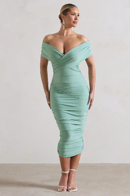 Sleeveless Women Dress in Bright Colors for Summer PartiesUnwrapped | Sage Ruched Twist Bardot Midi Dress