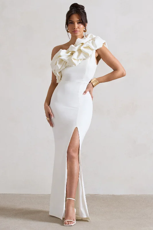 Shift Women Dress with a Simple and Classic Design for Everyday WearVienne | White One Shoulder Ruffle Split Maxi Dress Shift Women Dress with a Simple and Classic Design for Everyday WearVienne | White One Shoulder Ruffle Split Maxi Dress