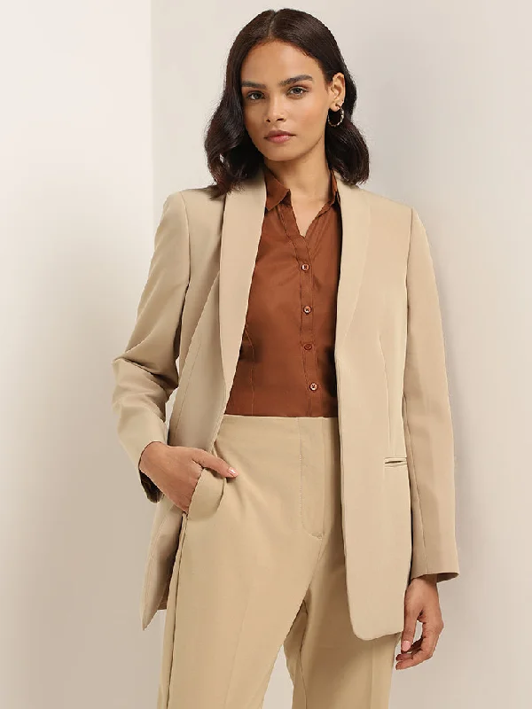 Double - Breasted Women's Polyester Blazers in Bright Colors for a Fun StyleWardrobe Beige Plain Blazer Double - Breasted Women's Polyester Blazers in Bright Colors for a Fun StyleWardrobe Beige Plain Blazer