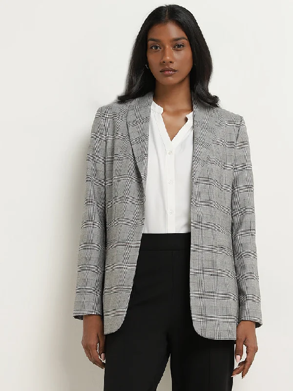 Double - Breasted Women's Polyester Blazers in Bright Colors for a Fun StyleWardrobe Grey Houndstooth Checkered Blazer Double - Breasted Women's Polyester Blazers in Bright Colors for a Fun StyleWardrobe Grey Houndstooth Checkered Blazer