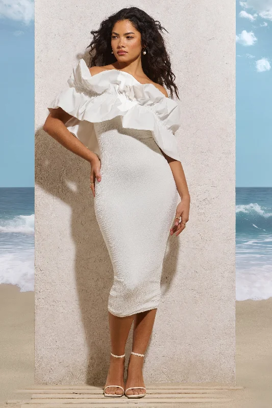 Pleated Women Dress with a Timeless and Elegant TextureWhen In Rome | White Asymmetric Ruffle Midi Dress Pleated Women Dress with a Timeless and Elegant TextureWhen In Rome | White Asymmetric Ruffle Midi Dress