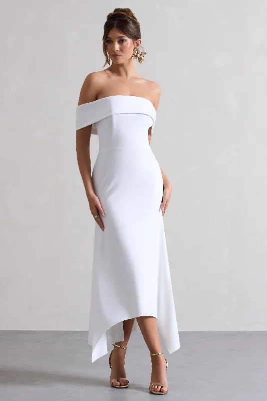 Sleeveless Women Dress in Bright Colors for Summer PartiesWindsor | White Bardot Midi Dress Sleeveless Women Dress in Bright Colors for Summer PartiesWindsor | White Bardot Midi Dress