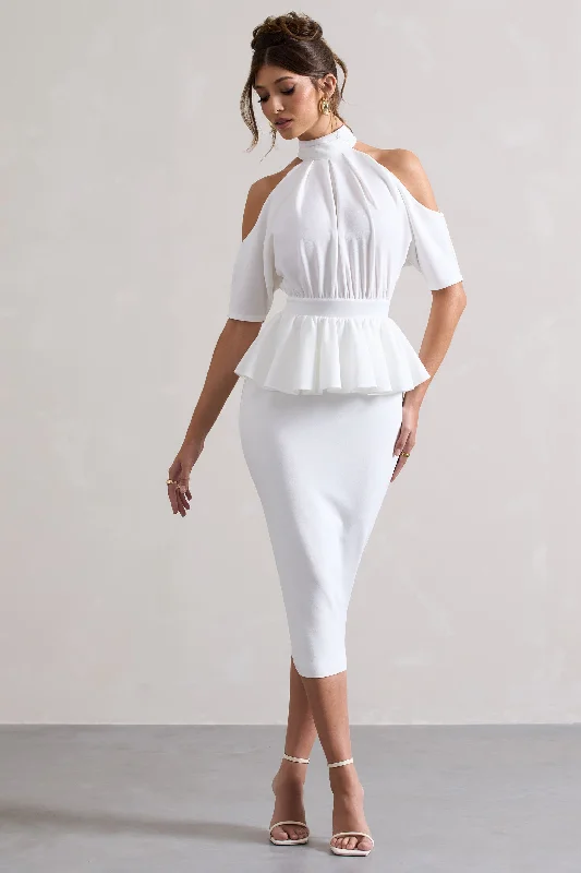 Halter Neck Women Dress to Show Off the Shoulders and NecklineYves | White High-Neck Cut-Out Midi Dress With Peplum Waist Halter Neck Women Dress to Show Off the Shoulders and NecklineYves | White High-Neck Cut-Out Midi Dress With Peplum Waist