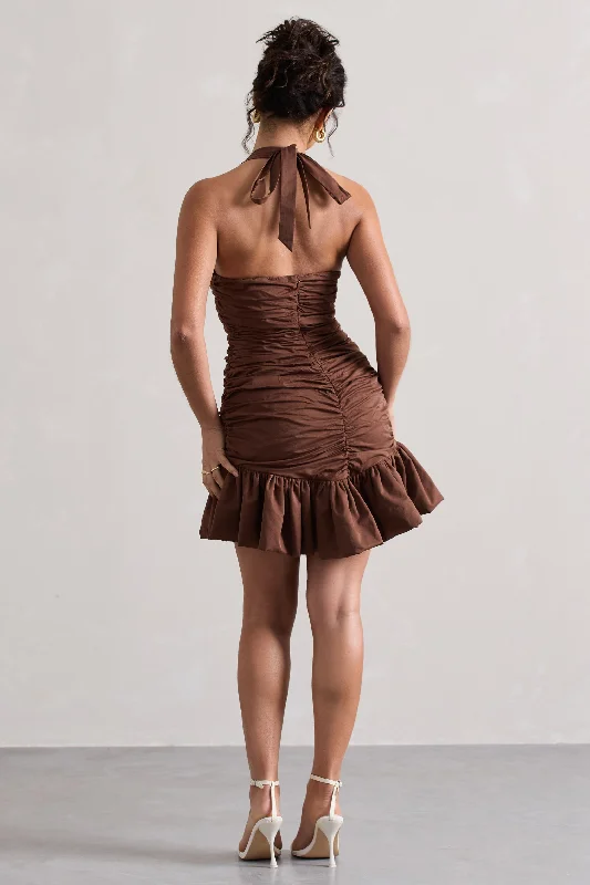 Printed Abstract Women Dress for a Modern and Artistic AppealZahra | Chocolate Brown Halter-Neck Ruched Mini Dress With Ruffle Hem Printed Abstract Women Dress for a Modern and Artistic AppealZahra | Chocolate Brown Halter-Neck Ruched Mini Dress With Ruffle Hem