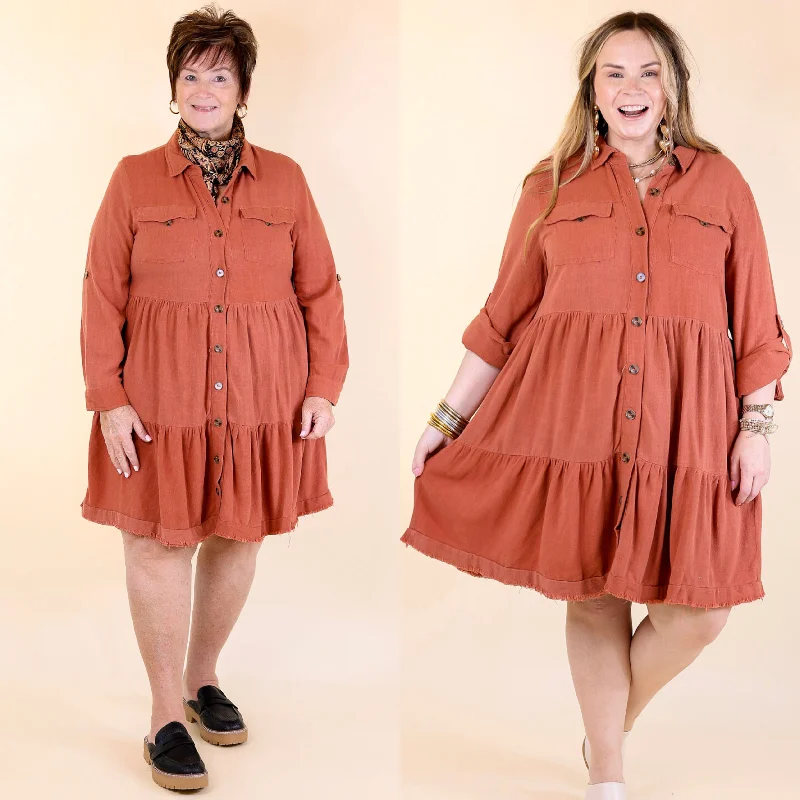 Wrap - Style Women Dress with Adjustable Fit for All Body Types Wrap - Style Women Dress with Adjustable Fit for All Body Types Chic Darling Ruffle Tiered Button Up Dress with Long Sleeves in Rust Orange Wrap - Style Women Dress with Adjustable Fit for All Body Types Wrap - Style Women Dress with Adjustable Fit for All Body Types Chic Darling Ruffle Tiered Button Up Dress with Long Sleeves in Rust Orange