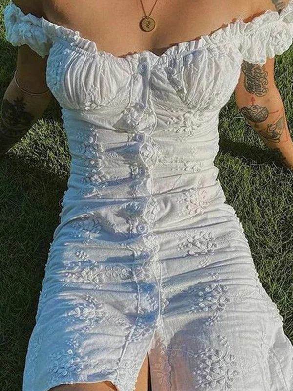Lace - Embellished Women Dress for an Elegant and Sophisticated Appearance Lace - Embellished Women Dress for an Elegant and Sophisticated Appearance Buttoned Floral Jacquard Puff Sleeve Mini Dress