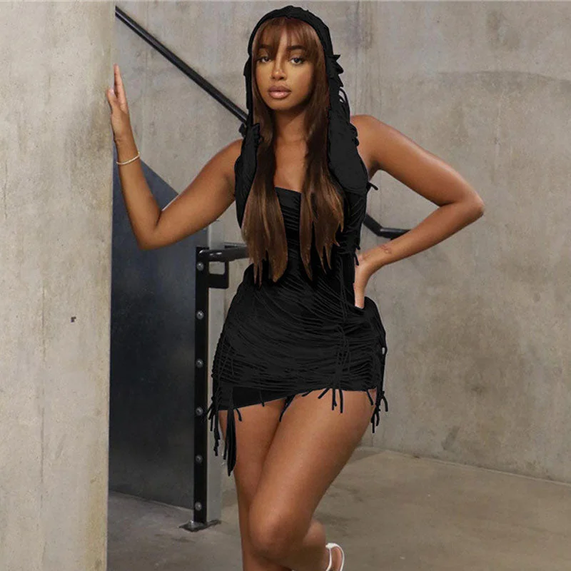 Mini Women Dress with a Short Hem for a Young and Trendy Style Mini Women Dress with a Short Hem for a Young and Trendy Style Street Style Distressed Sleeveless Low Back Hooded Mini Dress - Black Mini Women Dress with a Short Hem for a Young and Trendy Style Mini Women Dress with a Short Hem for a Young and Trendy Style Street Style Distressed Sleeveless Low Back Hooded Mini Dress - Black