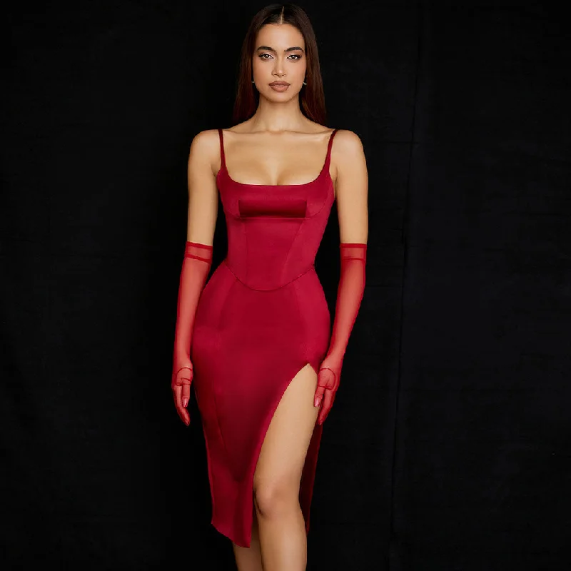 Mermaid - Style Women Dress with a Fitted Silhouette for Special Occasions Mermaid - Style Women Dress with a Fitted Silhouette for Special Occasions High Slit Slip Cocktail Midi Dress - Red Mermaid - Style Women Dress with a Fitted Silhouette for Special Occasions Mermaid - Style Women Dress with a Fitted Silhouette for Special Occasions High Slit Slip Cocktail Midi Dress - Red