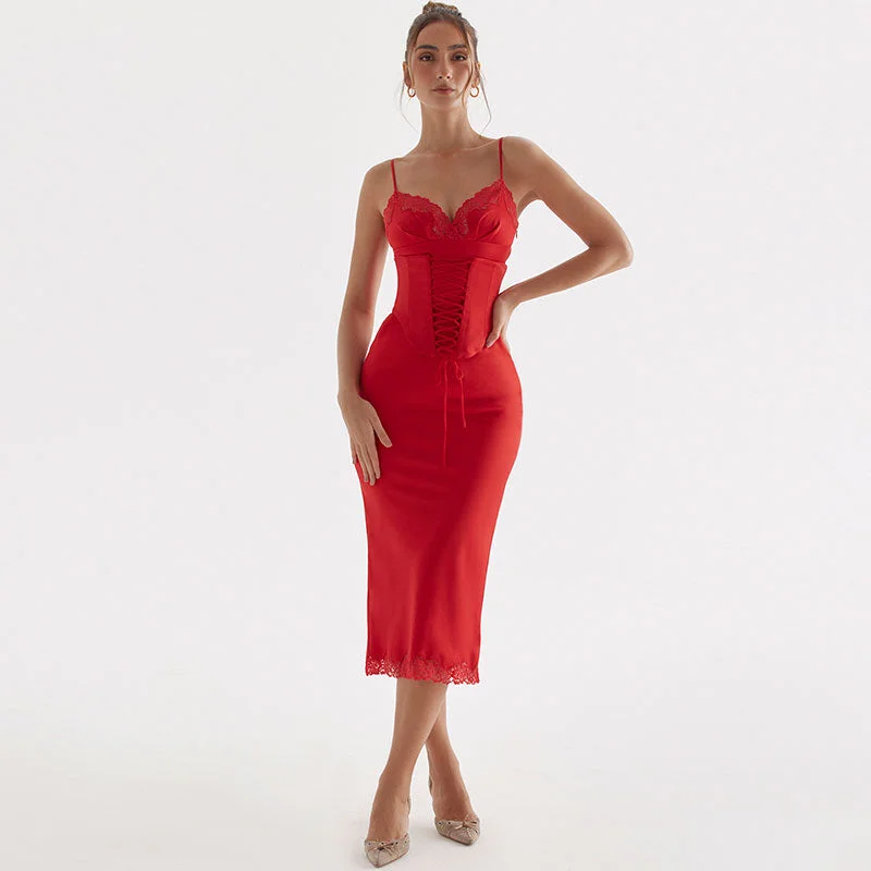 Mermaid - Style Women Dress with a Fitted Silhouette for Special Occasions Mermaid - Style Women Dress with a Fitted Silhouette for Special Occasions Fishtail Lace Up Belted Lace Trim Bodycon Slip Midi Dress - Red
