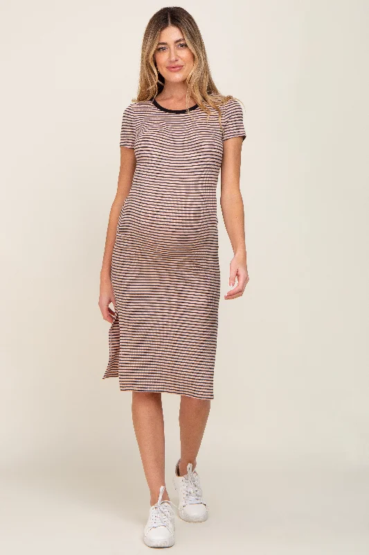 Midi dresses with V - necklines for a flattering and elongating effectBeige Striped Side Slit Fitted Maternity Midi Dress Midi dresses with V - necklines for a flattering and elongating effectBeige Striped Side Slit Fitted Maternity Midi Dress