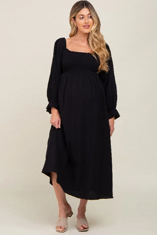 Sleeveless midi dresses with lace details for summer weddingsBlack Gauze Smocked Maternity Midi Dress Sleeveless midi dresses with lace details for summer weddingsBlack Gauze Smocked Maternity Midi Dress
