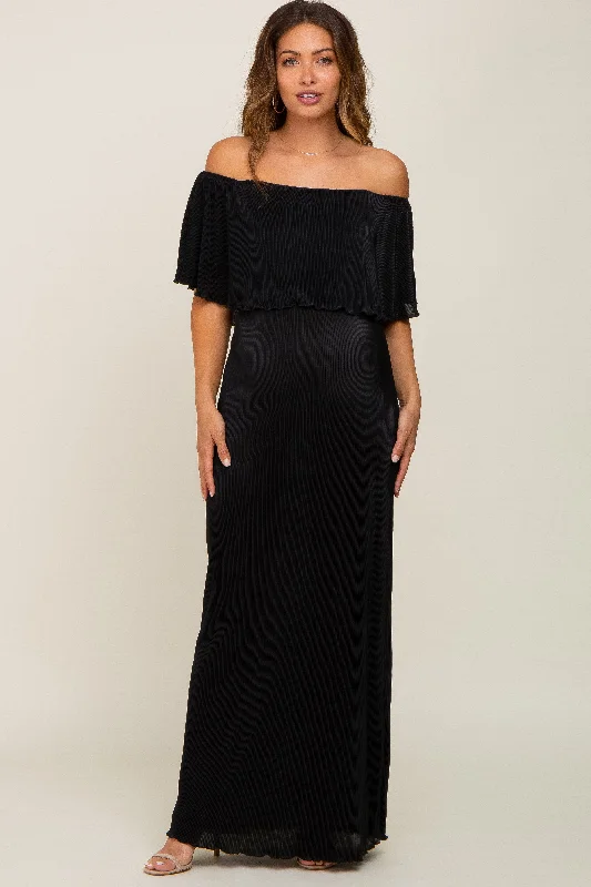 Midi dresses with abstract art prints for an artistic statementBlack Pleated Ruffle Off Shoulder Maternity Maxi Dress