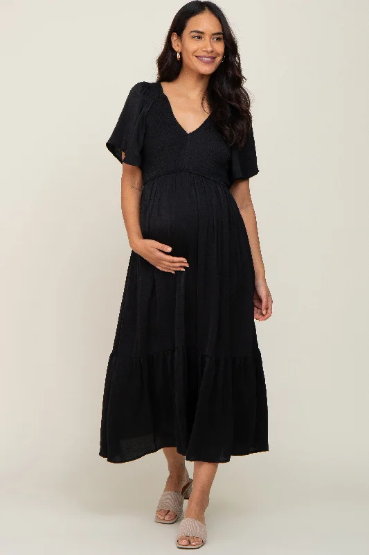 Midi dresses with patchwork patterns for a one - of - a - kind styleBlack Satin Smocked Maternity Midi Dress Midi dresses with patchwork patterns for a one - of - a - kind styleBlack Satin Smocked Maternity Midi Dress