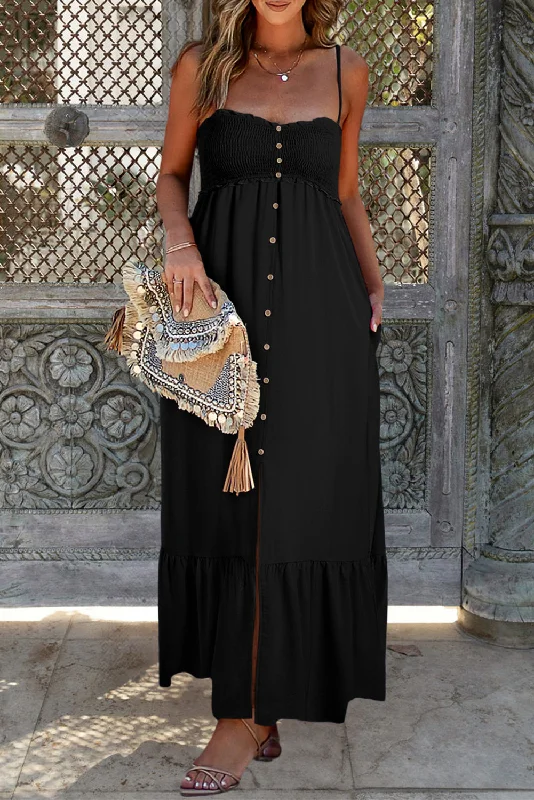 Midi dresses with ruffled sleeves for a more feminine and voluminous lookSmocked Button Front Maxi Dress Midi dresses with ruffled sleeves for a more feminine and voluminous lookSmocked Button Front Maxi Dress