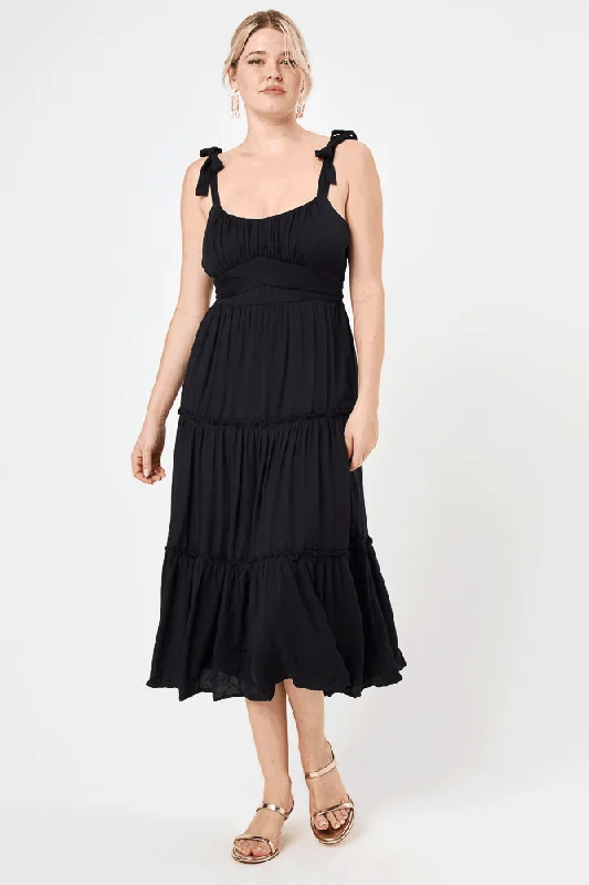 Velvet midi dresses in jewel tones for a glamorous winter eventBlack Tie Shoulder Tiered Midi Dress Velvet midi dresses in jewel tones for a glamorous winter eventBlack Tie Shoulder Tiered Midi Dress
