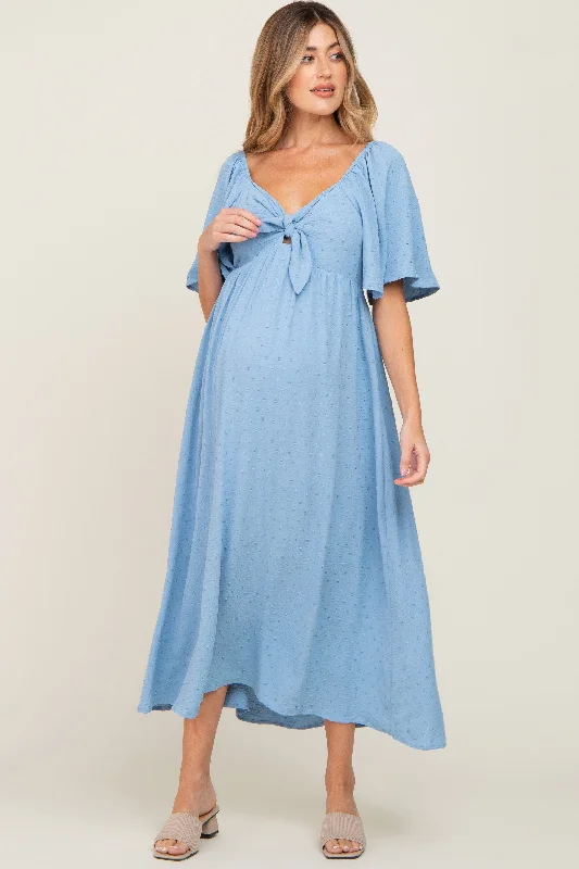 Plaid midi dresses for a fall - themed family gatheringBlue Textured Dot Front Tie Ruffle Sleeve Maternity Midi Dress Plaid midi dresses for a fall - themed family gatheringBlue Textured Dot Front Tie Ruffle Sleeve Maternity Midi Dress