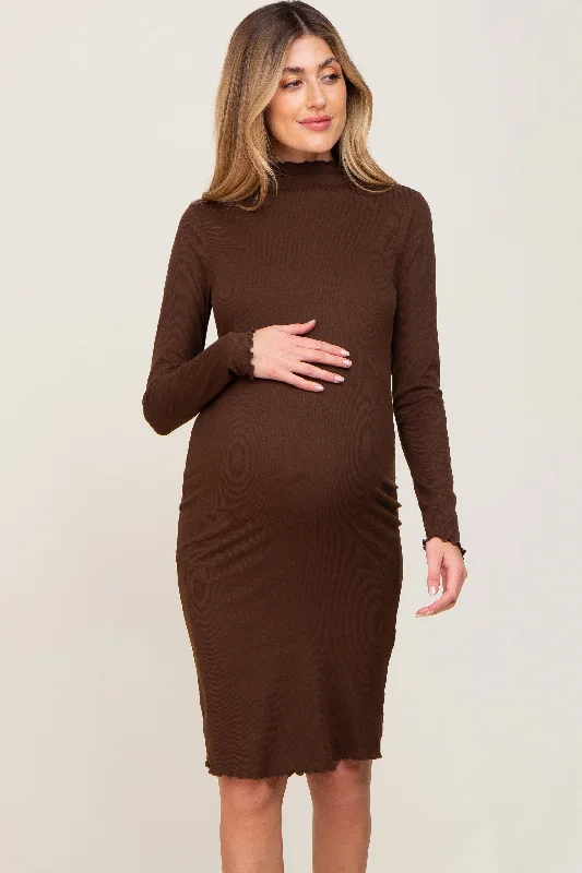 Midi dresses with embroidered accents for a unique and detailed designBrown Ribbed Mock Neck Lettuce Trim Maternity Midi Dress Midi dresses with embroidered accents for a unique and detailed designBrown Ribbed Mock Neck Lettuce Trim Maternity Midi Dress