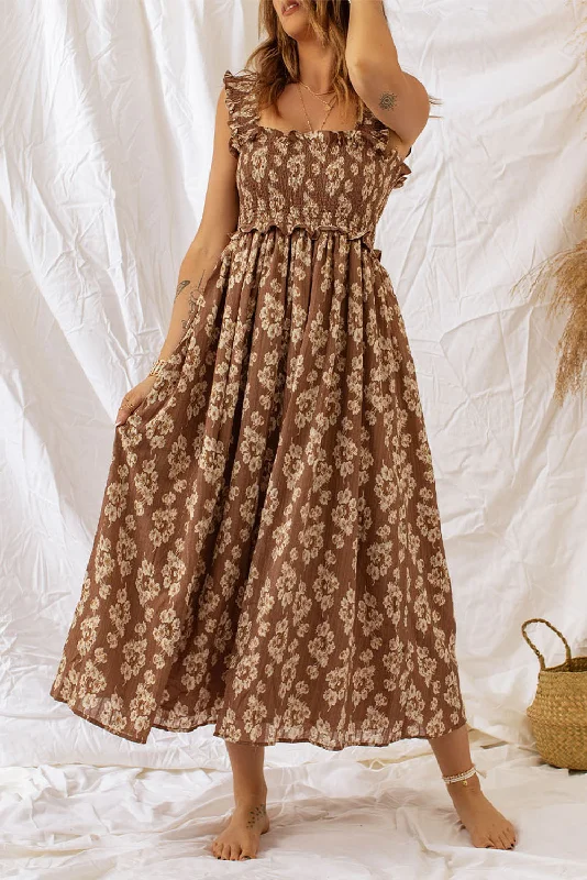 Midi dresses with asymmetric hems for a fashion - forward and dynamic appearanceFloral Ruffle Straps Midi Dress Midi dresses with asymmetric hems for a fashion - forward and dynamic appearanceFloral Ruffle Straps Midi Dress