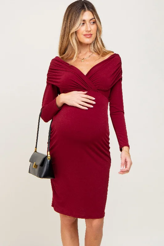 Midi dresses with ruffled hems for a romantic date nightBurgundy Ruched Off Shoulder Long Sleeve Maternity Dress Midi dresses with ruffled hems for a romantic date nightBurgundy Ruched Off Shoulder Long Sleeve Maternity Dress