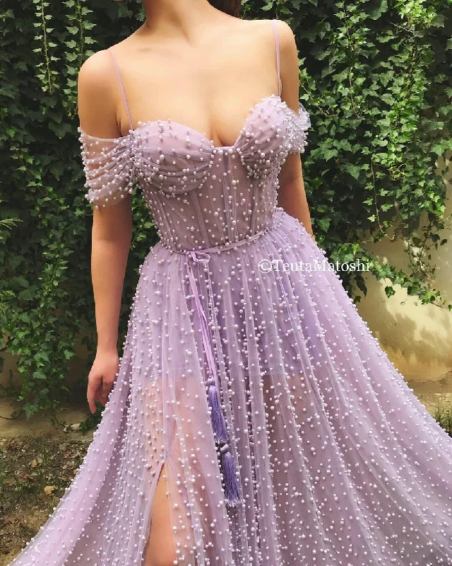 High - low midi dresses with geometric patterns for a modern partyPurple Dreams Beaded Gown