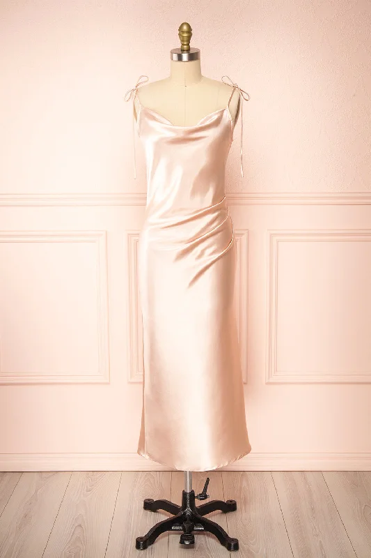 Midi dresses with pom - pom trims for a playful and festive lookElyse Blush | Cowl Neck Midi Dress Midi dresses with pom - pom trims for a playful and festive lookElyse Blush | Cowl Neck Midi Dress