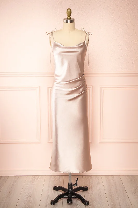 Midi dresses with metallic threads for a glamorous evening eventElyse Champagne | Cowl Neck Midi Dress Midi dresses with metallic threads for a glamorous evening eventElyse Champagne | Cowl Neck Midi Dress