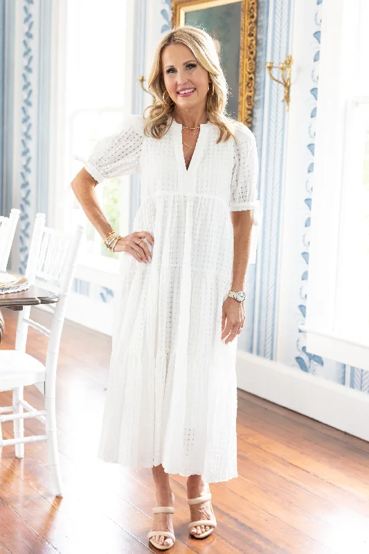 Midi dresses with pom - pom trims for a playful and festive lookEmery Dress- White