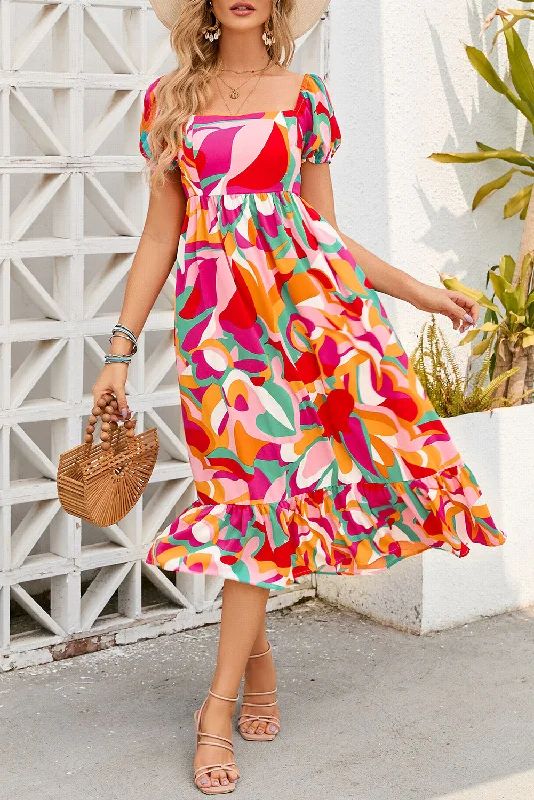 Midi dresses with ruffled hems for a romantic date nightAbstract Square Neck Midi Dress