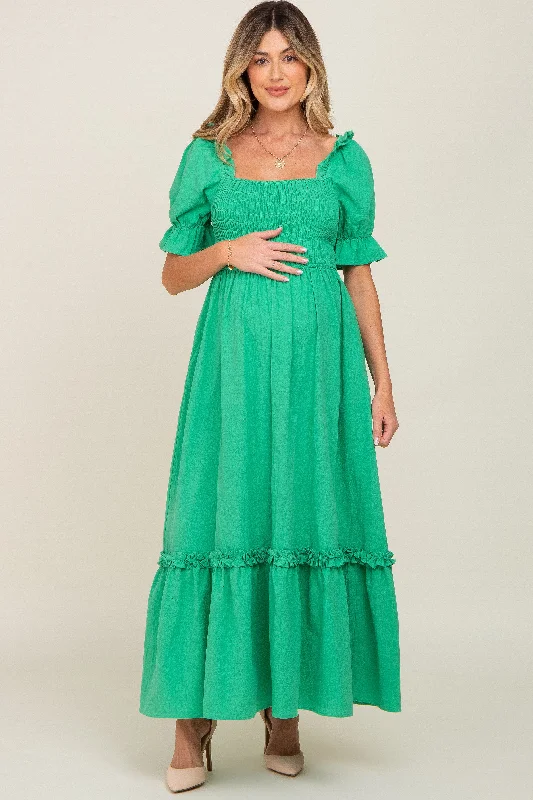 Midi dresses with off - the - shoulder necklines for a flirty lookGreen Puff Sleeve Ruffle Accent Maternity Maxi Dress Midi dresses with off - the - shoulder necklines for a flirty lookGreen Puff Sleeve Ruffle Accent Maternity Maxi Dress